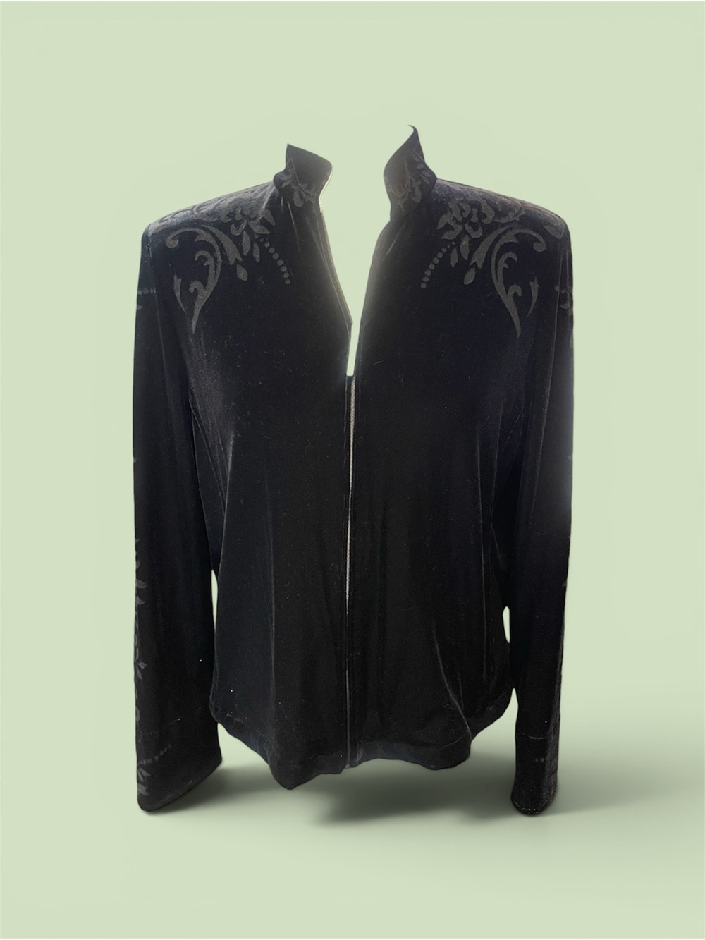 St. John Sport Black Velvet Zip-Front Jacket with Subtle Shoulder Motif